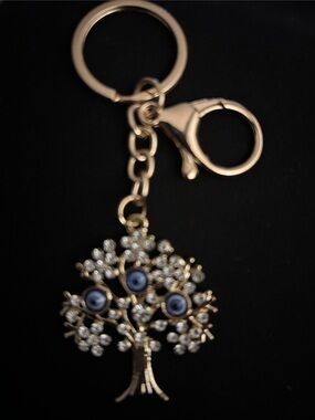 Gold-Tone Tree of Life Keychain with Blue Accent Stones